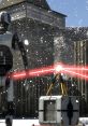 Robot in snow conducts energy beam tests in The Talos Principle, showcasing stunning effects and gameplay mechanics.