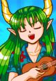 Incubus from Puyo Puyo Sun smiles while playing ukulele, showcasing vibrant green hair and tropical attire in Saturn's classic style.