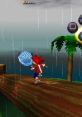 Character navigating a log in rainy weather, holding a net in "Ape Escape" for PlayStation, showcasing vibrant visuals.