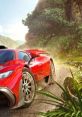 Vibrant red sports car speeding on a dirt path surrounded by lush greenery, evoking the excitement of Forza Horizon.