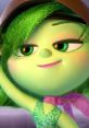 Disgust from Inside Out winks playfully, showcasing her vibrant green hair and stylish outfit, embodying character voices.