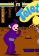 Tinky Winky in a playful scene from Teletubbies video game on PlayStation, featuring a vibrant pixel art style.