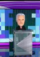 Alex Trebek character from Jeopardy! in Wii game, hosted at a virtual quiz set, showcasing a stylized game experience.