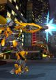 Bumblebee fires energy blasts in an urban setting from "Transformers: The Game" on Wii, showcasing dynamic combat effects.