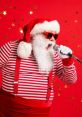 Santa Claus in red and white stripes sings into a microphone, embodying the festive spirit of classic holiday Christmas songs.