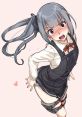 Cheerful anime character with gray hair, wearing a school uniform, playfully posing with a mischievous expression.