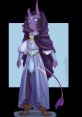 Fantasy character design with purple skin, horns, and glowing eyes, wearing a regal cloak and ornate outfit.