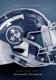 Conceptual football helmet design featuring Ultimate Effects branding and modern aesthetics in navy and silver tones.