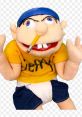 SML Jeffy puppet wearing a yellow shirt, blue hat, and pencil in mouth, showcasing his playful and mischievous personality.