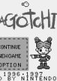 Tamagotchi game screen featuring options to continue, start a new game, or access settings from 1996-1997 by Nintendo.