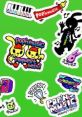 Colorful stickers featuring characters and logos from Pop'n Music Request Best! game on a vibrant green background.