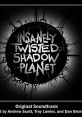 Cover art for Insanely Twisted Shadow Planet OST featuring black and white design, showcasing game composers' names.