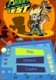 Johnny Test video game screen featuring Johnny and his dog with interactive options: Play, Options, and Credits.