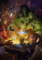 Orc and dwarf characters enjoy a card game in a vibrant Hearthstone scene, surrounded by enchanted game elements.