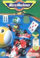 Colorful Micro Machines (Unlicensed) video game cover featuring race cars, playing cards, and pool balls in a fun miniaturized setting.