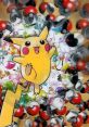 Pikachu joyfully surrounded by Poké Balls, celebrating “Minna de Eranda” Pokémon songs and card collections.