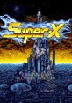 Title screen of Super-X (Mitchell Version) video game featuring a futuristic landscape and dramatic colors.