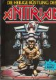 Cover art for "The Sacred Armour of Antiriad," featuring a muscular warrior and a futuristic backdrop. Retro video game aesthetic.