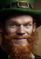 Cheerful Leprechaun Man with bright green eyes and a tall green hat, showcasing his iconic red beard and playful smile.