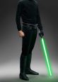 Luke Skywalker in dark attire holding a glowing green lightsaber, exuding a powerful Jedi presence.