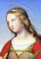 Portrait of Saint Agnese with a halo, golden crown, and green accents, symbolizing purity and faith in Christian art.