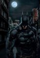 Dark and brooding Batman in a shadowy alley under a full moon, showcasing his iconic suit and intense presence.