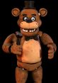 Freddy Fazbear, iconic animatronic character, holding a microphone with a playful expression and worn-out features.