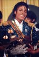 Michael Jackson proudly holds multiple Grammy Awards while wearing a sparkling outfit and his iconic sequined glove.