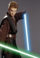 Anakin Skywalker wielding glowing blue and green lightsabers, showcasing his legendary Jedi skills and intense focus.