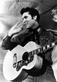 Elvis Presley performing with a guitar, showcasing his iconic style and energy in a classic black-and-white portrait.