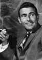 Rod Serling smiling, wearing a suit and tie, holding a cigarette, with a textured background, reflecting his iconic persona.