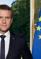 Emmanuel Macron poses confidently with the European flag, symbolizing leadership and unity in Europe.