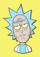 Rick Sanchez with spiky blue hair and a lab coat, displaying his signature smirk and green drool against a yellow background.