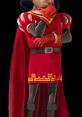 Lord Farquaad poses confidently in his iconic red outfit, complete with a flowing cape and signature accessories.