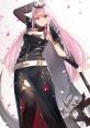 Mori Calliope exudes confidence in a dark, elegant outfit with striking pink hair and an iconic scythe amidst falling petals.