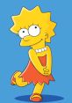 Lisa Simpson in a playful pose, wearing a red dress and pearl necklace, on a bright blue background. Iconic character.