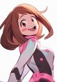 Ochaco Uraraka smiles confidently in her hero costume, showcasing her unique style and friendly personality.