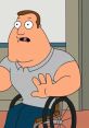 Joe Swanson in a wheelchair, animated character from Family Guy, showing surprise with a raised hand and a friendly expression.