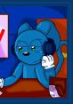 Blue cartoon cat named Riggy wearing headphones, looking pensively at a desk with a note and colorful background.