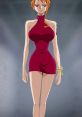 Nami from One Piece in a stylish red dress, showcasing her confident pose and iconic orange hair.