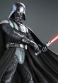 Darth Vader in menacing pose, wielding a red lightsaber, showcasing iconic armor and cape from the Star Wars saga.