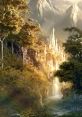 Mystical waterfall cascading down ancient cliffs, surrounded by lush forests and majestic mountains in a fantasy realm.