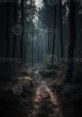 Dark forest path shrouded in mist, evoking a eerie horror ambiance with shadowy trees and a mysterious atmosphere.