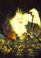 Epic battle scene featuring a monstrous figure unleashing chaos amidst explosions and soldiers in action. Blip illustration.