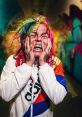 Colorful-haired individual expressing emotion in vibrant urban setting, showcasing unique style and trap culture influences.