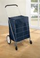 Durable shopping cart with a navy fabric lining, designed for easy transport of groceries and essentials on wheels.