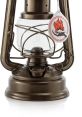 Classic hurricane lantern featuring metallic finish, glass fuel reservoir, and safety tag for outdoor adventures.