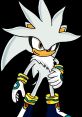 Silver the Hedgehog stands confidently, showcasing his iconic white fur and blue accessories against a black background.