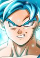 Goku from Dragon Ball Z with blue hair and a confident smile, showcasing his Super Saiyan transformation.