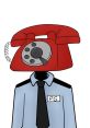 Phone Guy from Five Nights at Freddy's with a retro red phone as a head, wearing a blue uniform with a name tag.